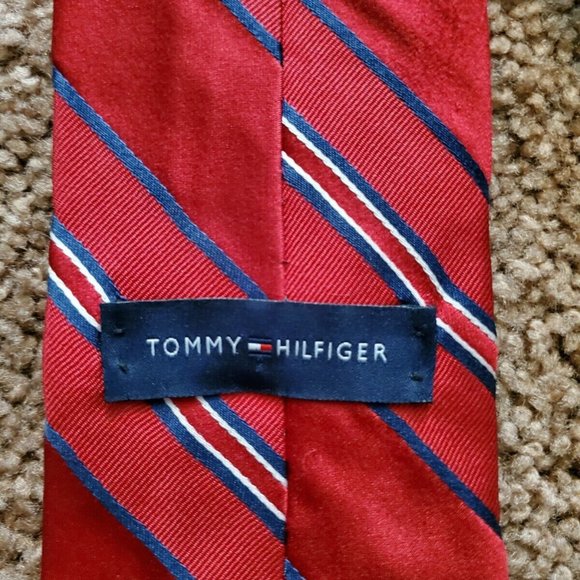 Tommy Hilfiger Necktie Tie Red diagonal stripes blue - Picture 4 of 5